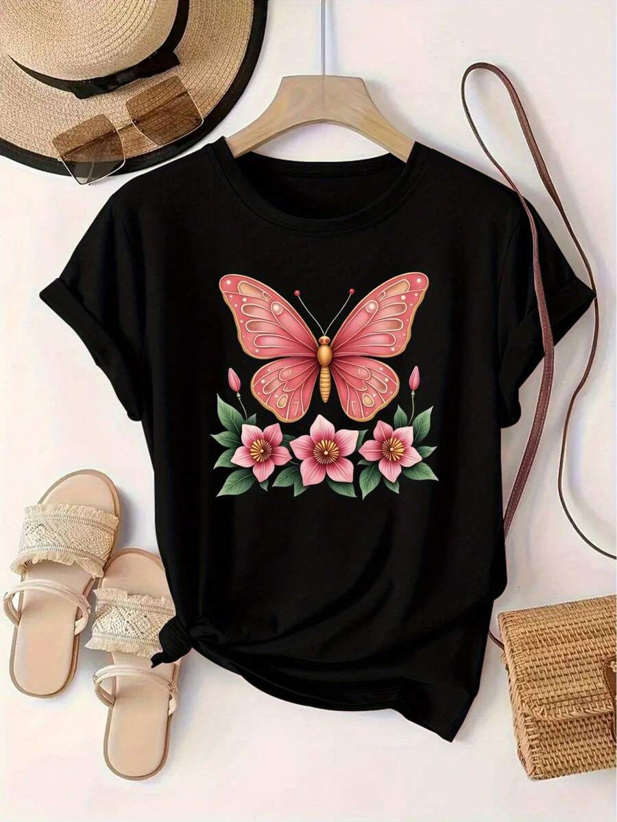 Limited Time Offer, Limited Quantities, Flash ! Women's Casual Shirts, Women's Polyester T-Shirts, Elegant Shirts. Short-Sleeved T-Shirt With Butterfly Print, Round Neck, European And American Style. - 黑色 - 查看 1