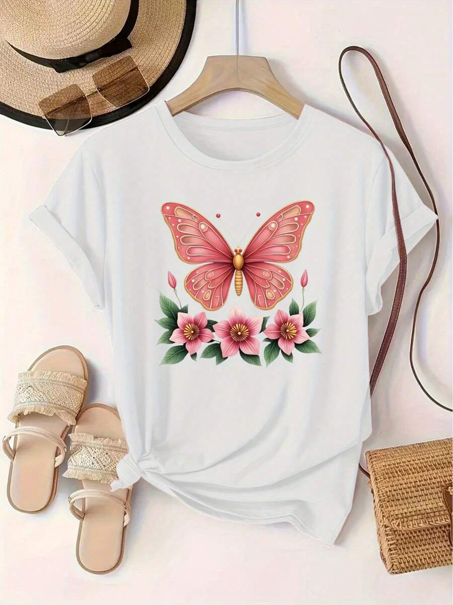 Limited Time Offer, Limited Quantities, Flash ! Women's Casual Shirts, Women's Polyester T-Shirts, Elegant Shirts. Short-Sleeved T-Shirt With Butterfly Print, Round Neck, European And American Style. - 白色 - 查看 1
