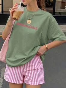 女士休闲短袖圆领T恤 - 印花图案，面料柔软舒适，可机洗，夏季上衣 - 草綠色 - 查看 2