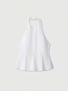 Top corto con cuello de halter y espalda descubierta, color amarillo mantequilla, para verano - Blanco - Ver 6