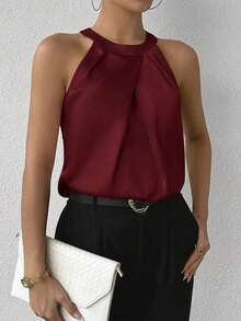 Privé Blusa de satén sin mangas con cuello de volantes de unicolor elegante para la oficina y el trabajo, color champán - Burdeos - Ver 4