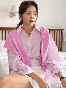 Camisa con volantes y hombros caídos a rayas verticales, blusas de manga larga, ropa de otoño - Rosa Pálido - Ver 3