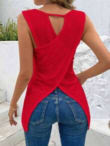 Top informal de tirantes para mujer de unicolor con escote redondo y espalda cruzada, para vestimenta de Año Nuevo - Rojo - Ver 5