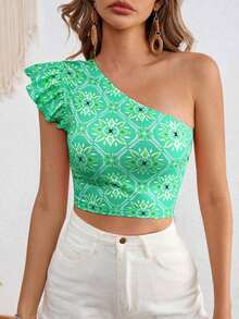 VCAY Parte superior asimétrica de punto impresa corta y entallada para mujer, ideal para vacaciones - Verde - Ver 5