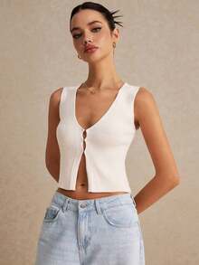 Chaleco de punto de un solo pecho con cuello en V de unicolor, para mujer, para usar en la escuela en otoño/invierno - Beis - Ver 6
