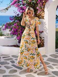 Vestido largo estilo maxi para verano con escote en V profundo, cierre delantero, abertura en la cintura y bajo con abertura - amarillo ganso - Ver 3