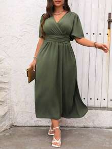 Vestido maxi de verano para mujer talla grande, de manga corta con volantes y cuello en V de un solo color - Verde militar - Ver 5