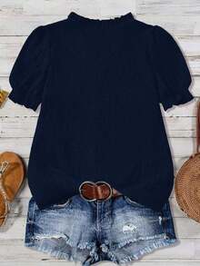 Blusa casual con cuello en V, volantes y mangas de pétalos acanalados para tallas grandes - Azul marino - Ver 2