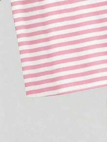 Camiseta casual de cuello redondo a rayas de manga corta, camiseta para mujer de talla grande, verano - Rosa - Ver 3