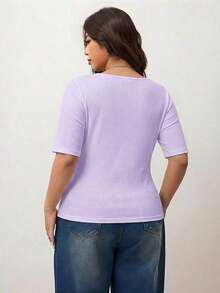 Camiseta de manga corta de cuello cuadrado de ajuste ceñido y elástica para mujer de talla grande, camiseta primavera y verano amigable con la piel, compatible con curvas redondeadas del Body, compatible con la forma del Body redondeada de Apple/20 - Morado - Ver 2