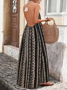 Vestido con estampado, corte con abertura alta, espalda descubierta, atar al cuello y flecos para mujer, vacaciones - Verde 2 - Ver 7