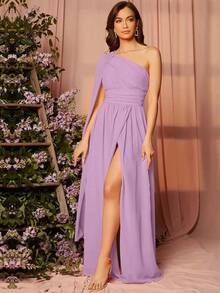 1 pieza Vestido de dama de honor con un solo hombro drapeado, elegante vestido de manga larga - Púrpura malva - Ver 7