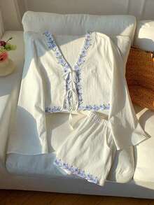 Conjunto de blusa con amarre al frente y shorts con estampado de anacardo para mujer, en estilo bohemio - Blanco 2 - Ver 5