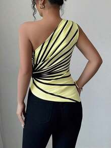 Blusa de punto con estampado de hombro oblicuo elegante para vacaciones de verano para mujer - Amarillo claro - Ver 2