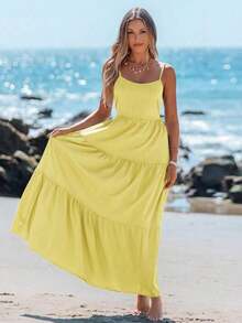Vestido casual sin mangas con lazo para primavera y verano, atuendos de verano para mujer, vestidos de verano para mujer, atuendos de vacaciones, vestido de playa de verano para mujer, vestido de vacaciones estilo boho y fairycore, vestido sin esp - amarillo ganso - Ver 3