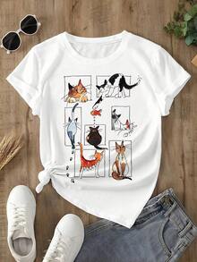 Women's Short Sleeve T-Shirt With Illustrations | Various Cats In Funny Poses, Cool Hand-Painted Style, Attractive Item For Everyday Wear, Casual Crew Neck, Slightly Stretchy Fabric, Regular Length - 白色 - 查看 8