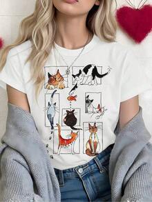Women's Short Sleeve T-Shirt With Illustrations | Various Cats In Funny Poses, Cool Hand-Painted Style, Attractive Item For Everyday Wear, Casual Crew Neck, Slightly Stretchy Fabric, Regular Length - 白色 - 查看 9