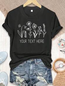 Personalized Wildflower T-Shirt, Flower Lover T-Shirts, Wildflower Graphic Tee With Custom Text, Personalized Flower Gift, Gifts For Teachers, Mothers, Family, And Friends - 黑色 - 查看 1