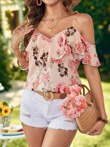 Blusa casual de verano con estampado floral y volantes en el bajo - Azul y blanco - Ver 5