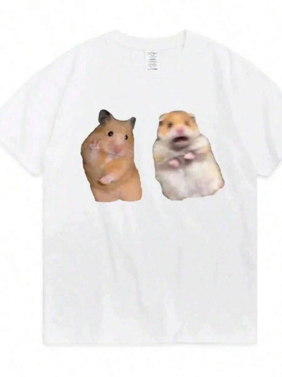 Printed T-Shirts For Women, Oversized Urban Style Tops, Comfortable And Stylish Summer Tees That Go With Everything. Fun T-Shirt With The Peace Symbol And A Screaming Hamster, A Gift For Rodent Lovers, Short-Sleeved Summer T-Shirts For Women And Girls. - 白色 - 查看 1