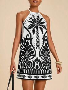 Vestido corto holgado con hombros al descubierto y estampado tejido para mujeres para vacaciones - Blanco y Negro - Ver 4