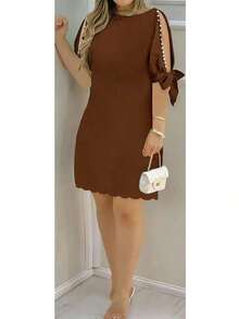 Vestido de mujer con estampado floral, mangas abiertas y adornos de perlas, adecuado para vacaciones, uso casual, diario y diversas reuniones elegantes de verano - Cafetería - Ver 2
