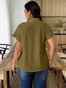 Weeklong Camisa suelta con botones y bordado de ojetes asimétrico, atuendo casual para diario/vacaciones, ropa de oficina - Verde militar - Ver 2