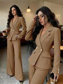 Conjunto de blazer y pantalón de bolsillo de unicolor azul con botones dorados y cuello entallado elegante para mujer, versátil para otoño/invierno - Café integral - Ver 7