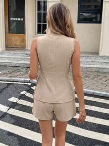 Conjunto casual de 2 piezas de top sin mangas con nudo delantero y shorts para mujer - Albaricoque - Ver 2
