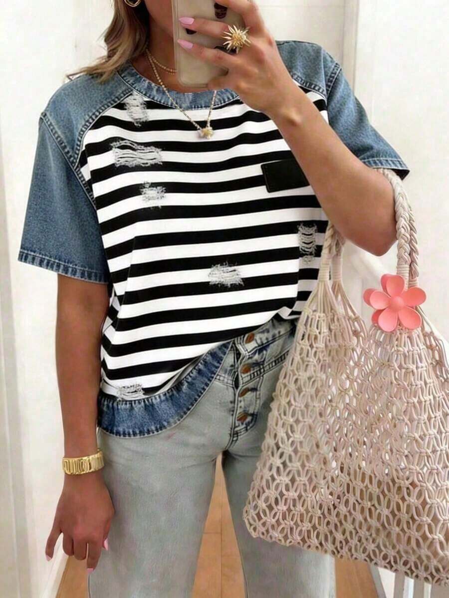 Camiseta casual versátil de mujer con cuello redondo, manga corta y diseño de rayas y patchwork - Multicolor 4 - Ver 1