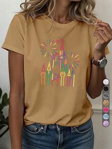 1 pieza de camiseta deportiva casual para mujer, camiseta de cuello redondo, AUX DES MOUBLES, estampado de castillo vintage, ropa casual artística, uso diario, estilo europeo para el Día de la Independencia, camiseta retro, estilo francés chic, top cómodo para todas las estaciones, 180g 100% algodón. - Negro - Ver 8