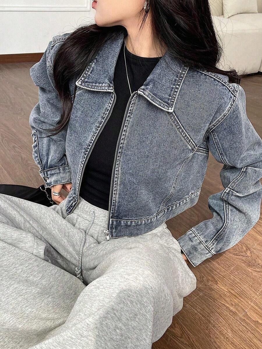 Chaqueta Corta De Mezclilla Para Damas Con Cierre Frontal - Azul lavado oscuro - Ver 1