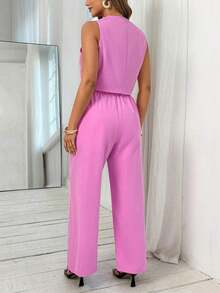 Conjunto de top de chaleco y pantalones de mujer talla grande elegante y romántico en color rosa con cuello en V, conjunto de ropa de cumpleaños para primavera/verano para mujer, conjunto de monos elegantes, traje formal de negocios elegante para - Rosa - Ver 2
