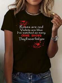 Drama, Rose Print, Women's Casual Short Sleeve T-Shirt, Comfortable Fit, Matching Sets For Sisters, Outdoor Travel Essential, Women's T-Shirt, Spring/Summer T-Shirt. - 黑色 - 查看 6