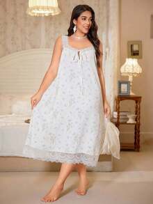 CottageSlumber Camisón de talla grande con estampado de margaritas arrugadas, encaje y parches, vestido de dormir tipo "Moo Moo" - Blanco - Ver 3