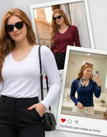 Set Of 2 Long Sleeve T-Shirts, Base Layer Blouses, V-Neck, Slim Fit, Workwear, Winter, Basic, Plain - White - View 3