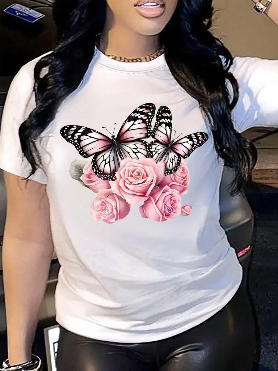 Women's T-Shirt, White Short-Sleeved T-Shirt With Pink Butterfly Pattern, Soft And Stretchy Round Neck T-Shirt, Micro-Elastic Design, Casual, Cool And Breathable, Eye-Catching Personality, Fashionable And Cool Style Blouse Suitable For Casual Daily Wear, Comfortable And Lazy - 白色 - 查看 1