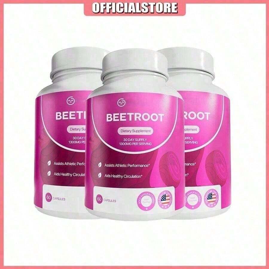 3 Bottles Beetroot Supplement, 1300mg, Supports Athletic Performance & Blood Circulation, 180 Capsules - 3 cái - Xem 1