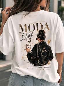 Camiseta de manga corta con cuello redondo y estampado para mujer. Perfecto para citas, desplazamientos diarios y salidas informales. Diseño clásico minimalista de cuello redondo, fácil de combinar y adecuado para todas las formas de cuerpo. - Blanco - Ver 1