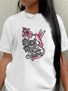 Camiseta de manga corta de poliéster, diseñada para sobrevivientes de cáncer de mama, con un estampado de colibrí rosa, ligera y duradera, adecuada para el hogar, la oficina o salidas, cómoda para el uso diario.women's shirts - Blanco - Ver 1