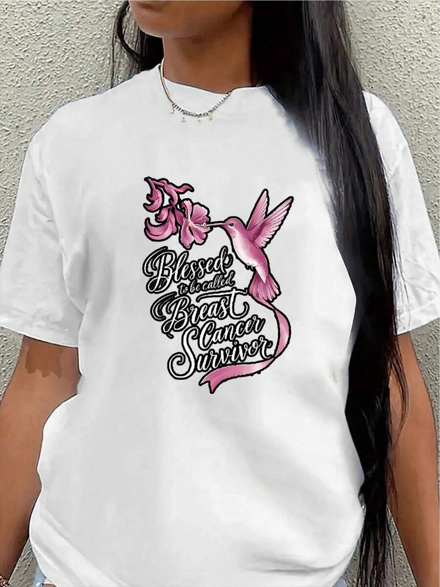 Camiseta de manga corta de poliéster, diseñada para sobrevivientes de cáncer de mama, con un estampado de colibrí rosa, ligera y duradera, adecuada para el hogar, la oficina o salidas, cómoda para el uso diario.women's shirts - Blanco - Ver 1