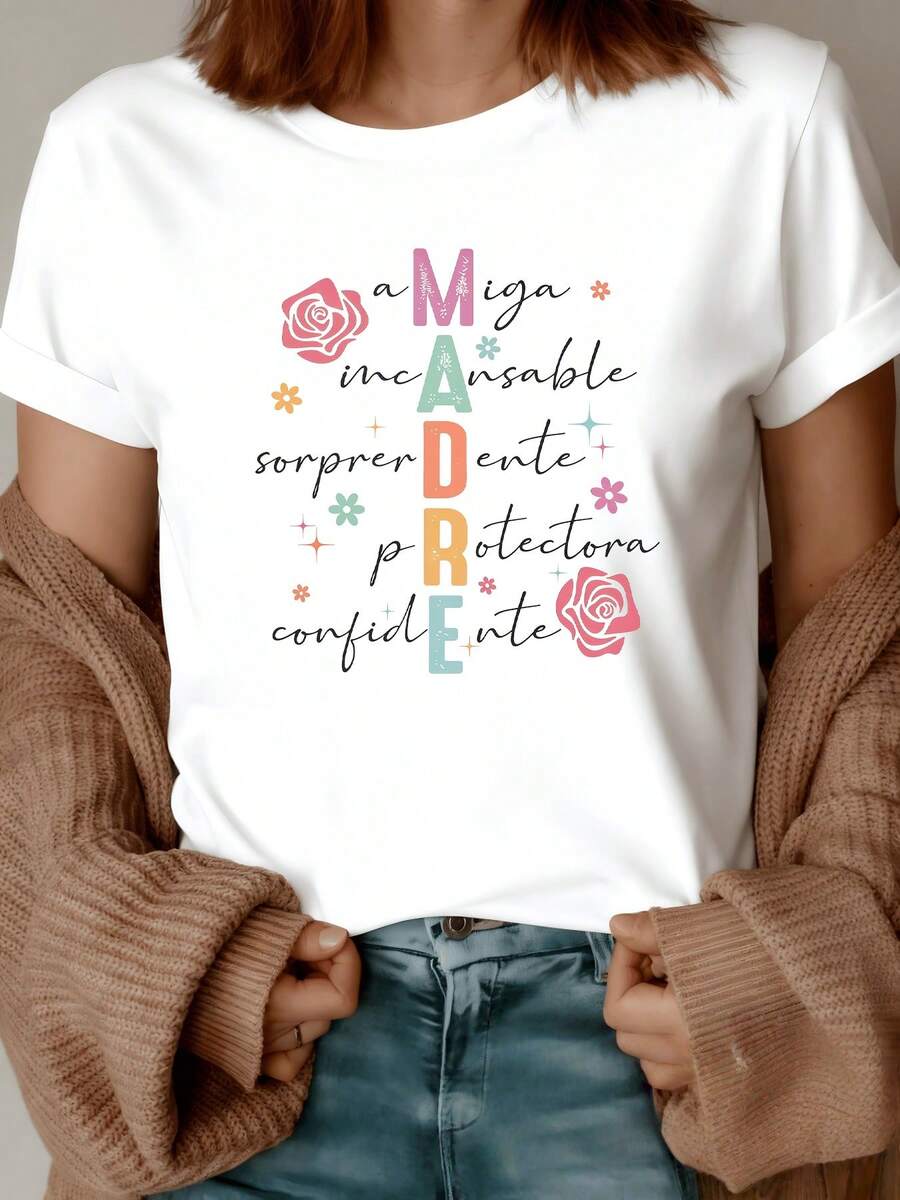 Roses And Colorful Letters Spell Out The Word MOTHER, Representing Love, Strength, Protection, Friendship, And Trust. A Perfect Gift For Mom. Casual, Comfortable, And Stylish Women's T-Shirt. - 白色 - 查看 1