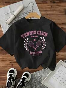 Women's T-Shirt, Casual Loose Fit T-Shirt For Women | New York Tennis Club Graphic Print With Crossed Rackets And Laurel Wreath Design, 100% Cotton, Short Sleeve, Machine Washable, Round Neck, Ideal For Spring/Summer, Sporty And Comfortable. - 黑色 - 查看 1