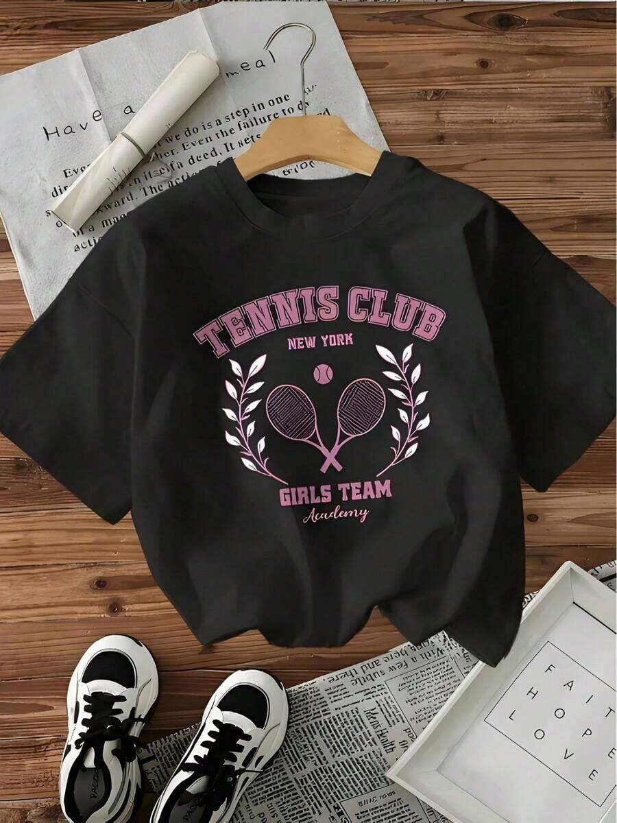 Women's T-Shirt, Casual Loose Fit T-Shirt For Women | New York Tennis Club Graphic Print With Crossed Rackets And Laurel Wreath Design, 100% Cotton, Short Sleeve, Machine Washable, Round Neck, Ideal For Spring/Summer, Sporty And Comfortable. - 黑色 - 查看 1
