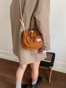 休闲时尚抽绳单肩包，户外运动方形包，学生字母小斜挎包，夏季女士小包 - 棕色 - 查看 10