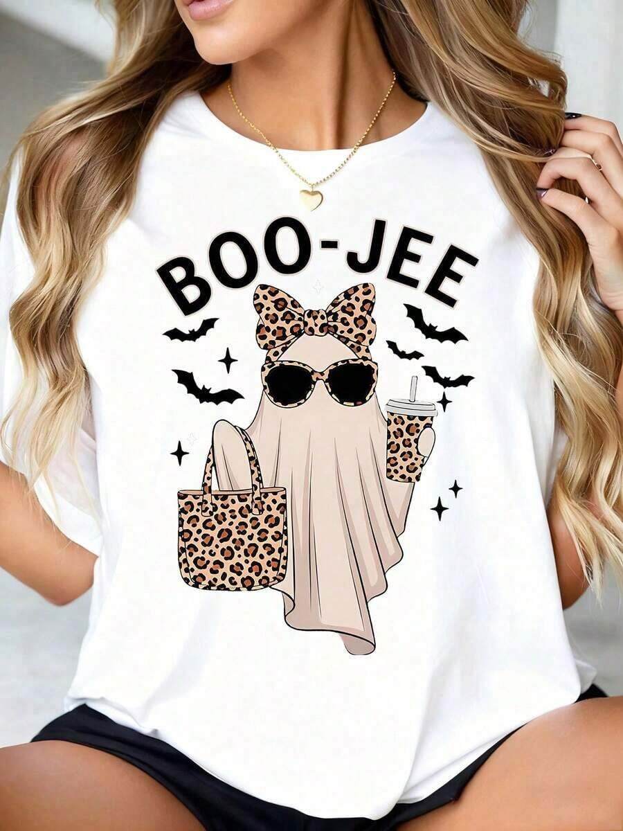 Women's Tops, Graphic Tees, Halloween "BOO-" Leopard Ghost T-Shirt With Fun Oversized Graphics, Sunglasses, Handbag And Drink Design For The Spooky Season, Cotton Summer Tops, Women's Cotton T-Shirts - 白色 - 查看 1