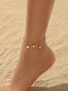 1pc Stainless Steel Starfish & Shell Pendant Anklet, 18K Gold Plated Multi-Layer Pearl Pendant Anklet, Minimalist Elegant Jewelry Suitable As Gift, Daily Wear, Beach Vacation - Gold - View 1