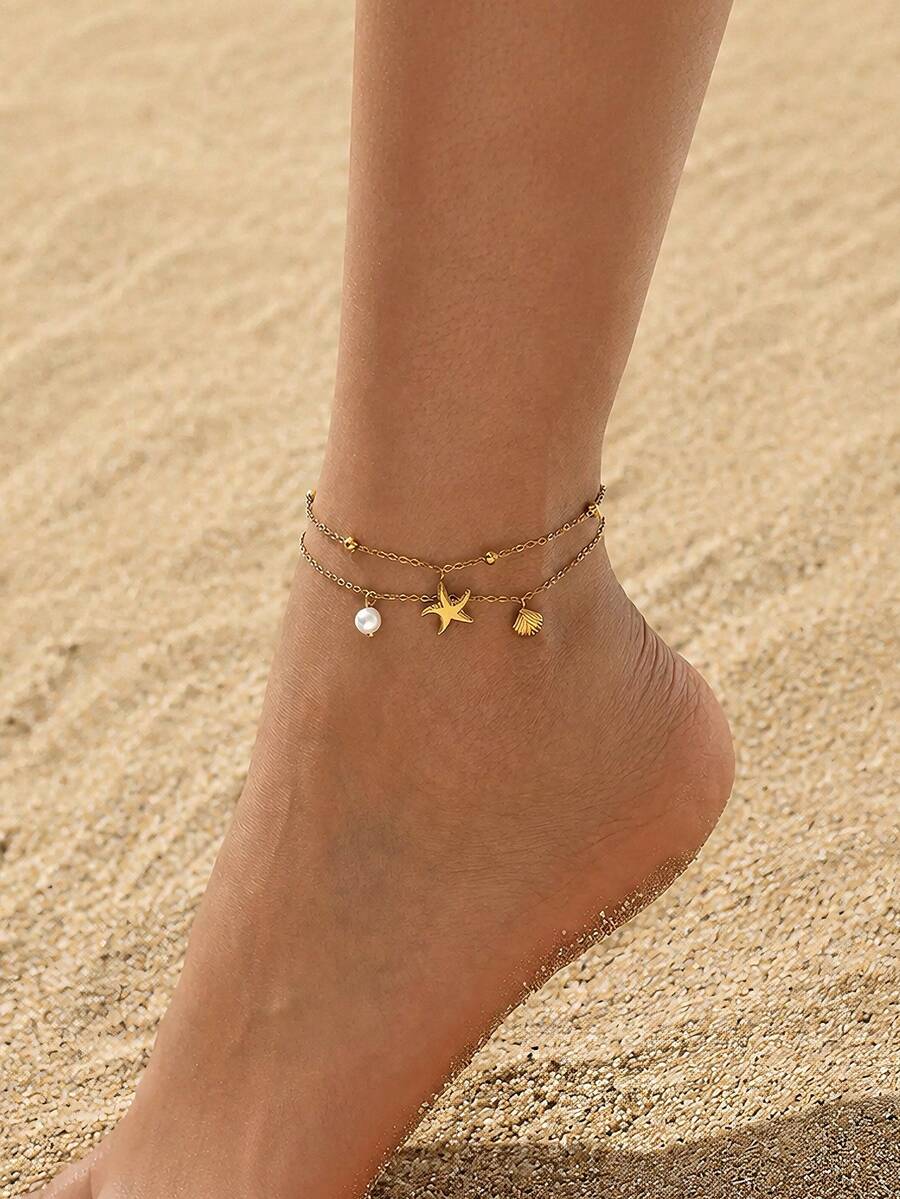 1pc Stainless Steel Starfish & Shell Pendant Anklet, 18K Gold Plated Multi-Layer Pearl Pendant Anklet, Minimalist Elegant Jewelry Suitable As Gift, Daily Wear, Beach Vacation - Gold - View 1