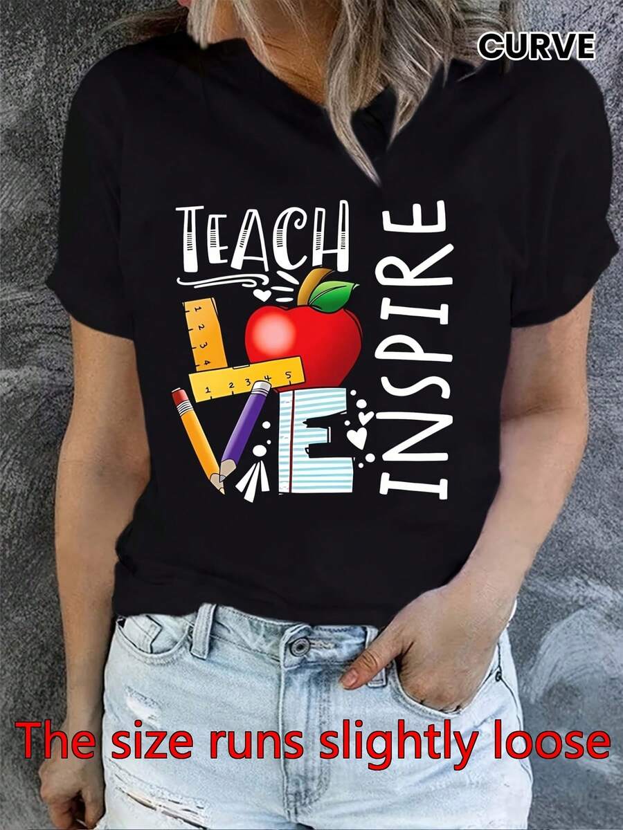 Women's Casual Sports T-Shirt With Graphic Design Teacher In Love - Elastic Round Neck T-Shirt, Machine Washable, Comfortable Fit And Perfect For All Seasons, For Professionals And Everyday Style. - 黑色 - 查看 1
