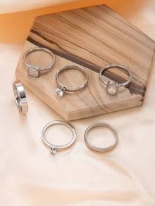 6pcs Elegant Stainless Steel Silver Rings Set For Women, Containing Cubic Zirconia Elements, Suitable For Daily Wear And Festive Accessories - Silver - View 2